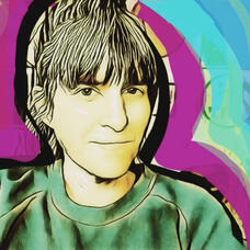 An modified color image, marker effect over photo, of a white woman with brown hair and bangs, green sweatshirt, with black, pink, and blue outlines.
